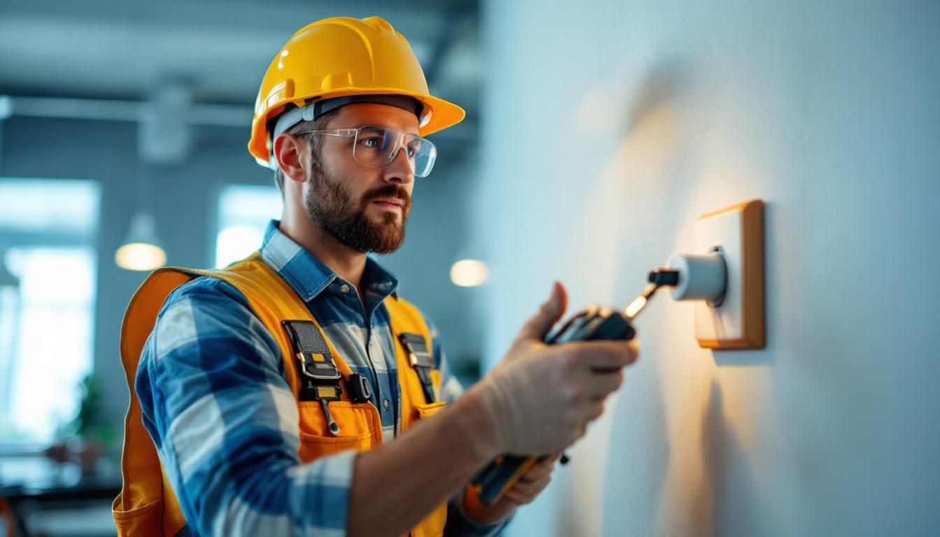 A photograph of a lighting contractor inspecting a 15 amp receptacle installation
