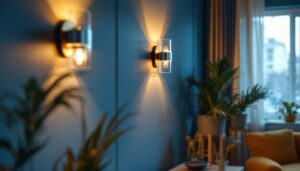 A photograph of a beautifully designed interior space featuring stylish wall sconces in action