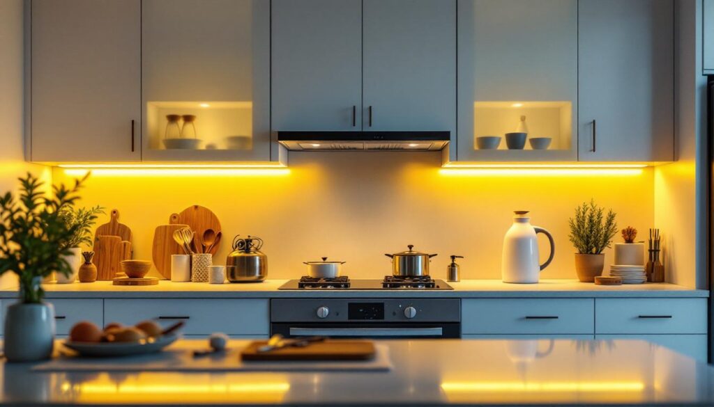 A photograph of a beautifully designed kitchen with sleek under-cabinet lighting installed