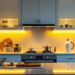 A photograph of a beautifully designed kitchen with sleek under-cabinet lighting installed
