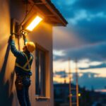A photograph of a solar flood light illuminating a construction site at dusk