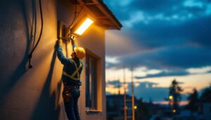 A photograph of a solar flood light illuminating a construction site at dusk