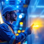 A photograph of a lighting contractor in action