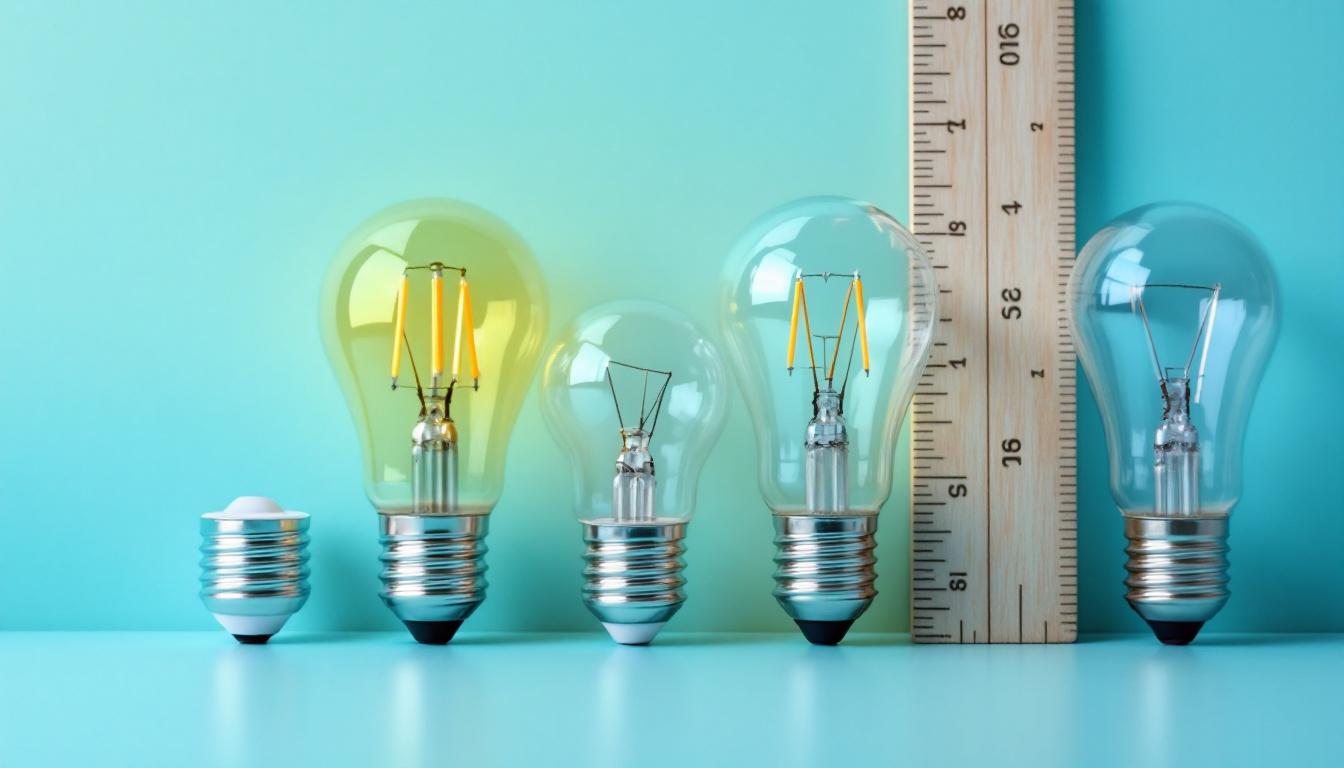 A photograph of a close-up shot of various light bulb bases next to a ruler or measuring tape