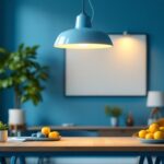 A photograph of a stylish office space featuring a modern hanging lamp as the focal point