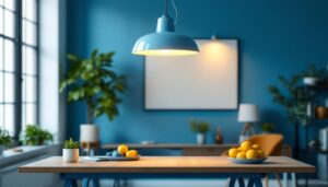 A photograph of a stylish office space featuring a modern hanging lamp as the focal point