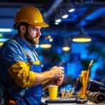 A photograph of a lighting contractor installing a vibrant led light kit in a modern workspace