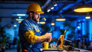 A photograph of a lighting contractor installing a vibrant led light kit in a modern workspace