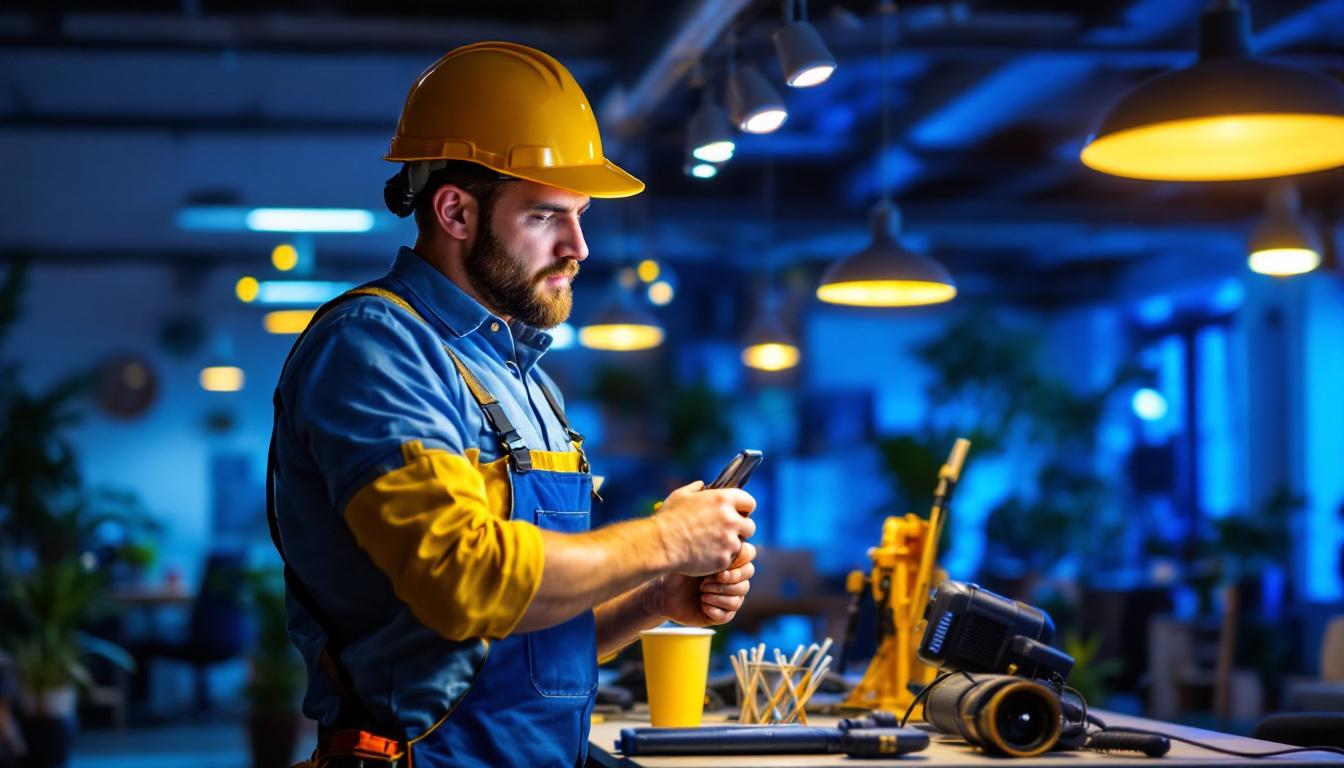 A photograph of a lighting contractor installing a vibrant led light kit in a modern workspace