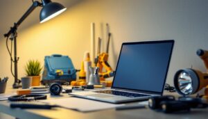A photograph of a well-lit workspace featuring a laptop computer alongside various lighting installation tools and equipment