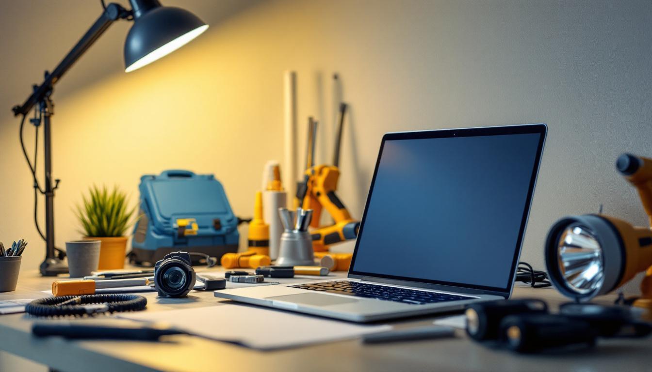 A photograph of a well-lit workspace featuring a laptop computer alongside various lighting installation tools and equipment