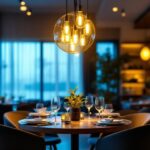 A photograph of a beautifully designed dining room featuring an elegant hanging light fixture that highlights the space's ambiance