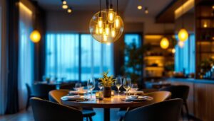 A photograph of a beautifully designed dining room featuring an elegant hanging light fixture that highlights the space's ambiance