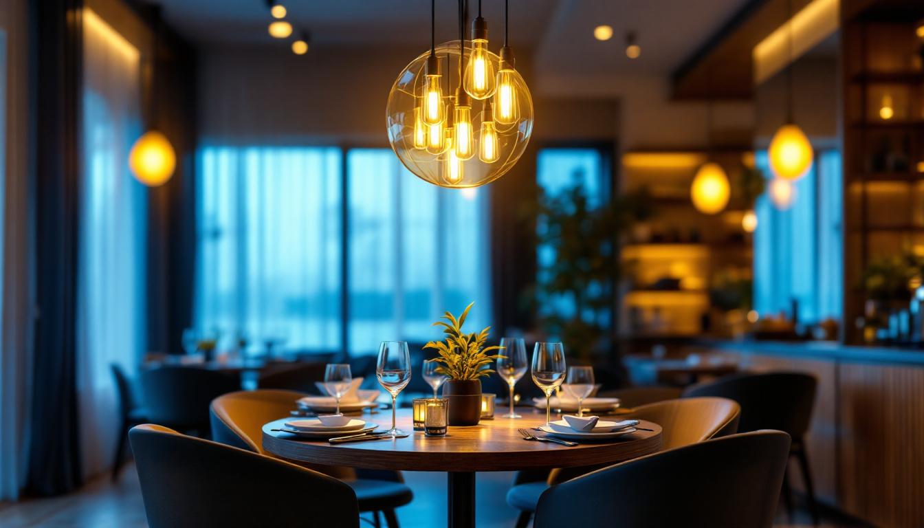A photograph of a beautifully designed dining room featuring an elegant hanging light fixture that highlights the space's ambiance