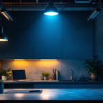A photograph of a modern industrial lighting setup in a workspace