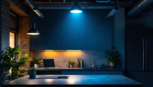 A photograph of a modern industrial lighting setup in a workspace