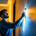 A photograph of a lighting contractor skillfully installing a vibrant 6-foot led light strip in a modern interior space