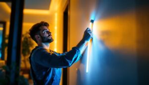 A photograph of a lighting contractor skillfully installing a vibrant 6-foot led light strip in a modern interior space