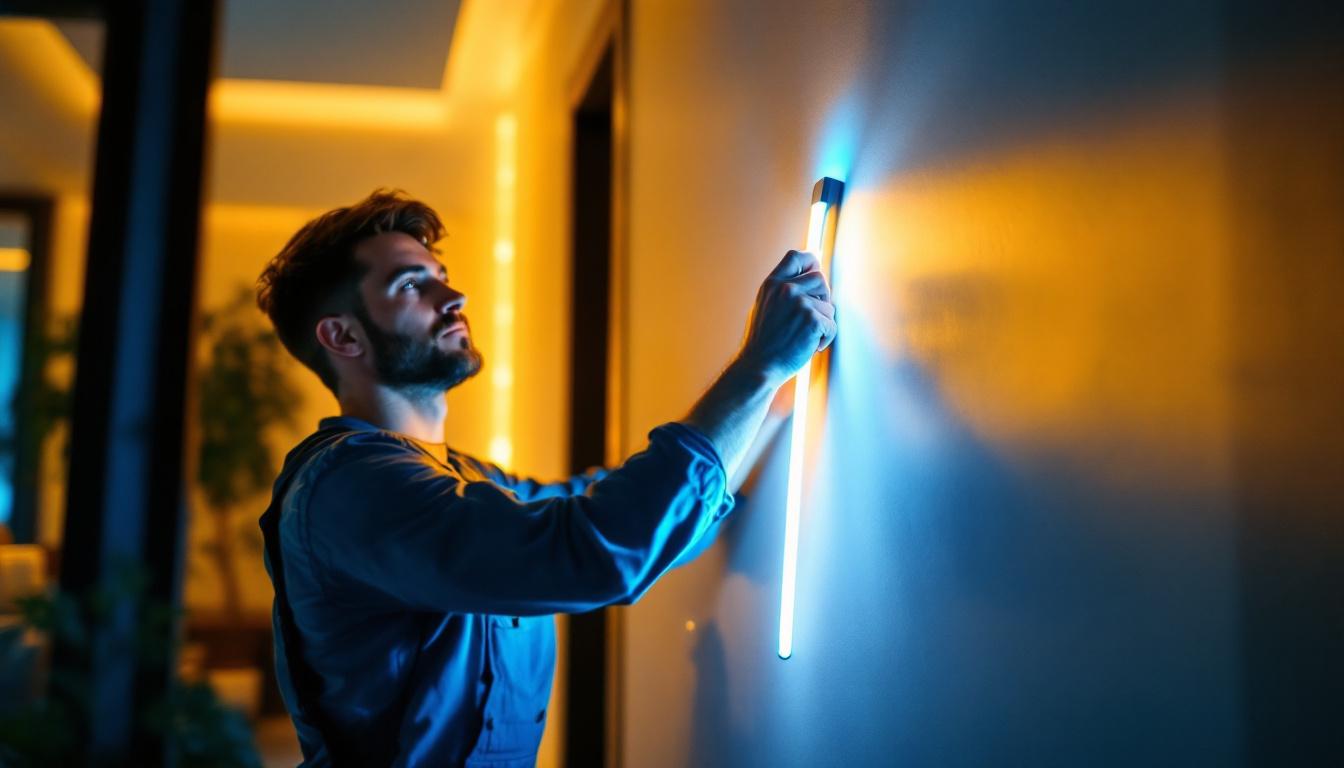 A photograph of a lighting contractor skillfully installing a vibrant 6-foot led light strip in a modern interior space