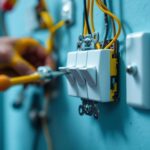 A photograph of a close-up of a 3-way toggle switch being installed by a lighting contractor