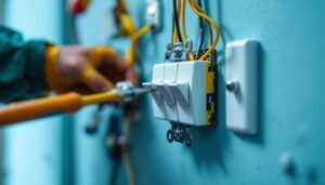 A photograph of a close-up of a 3-way toggle switch being installed by a lighting contractor