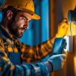 A photograph of a lighting contractor installing an automatic timer for lights in a residential setting