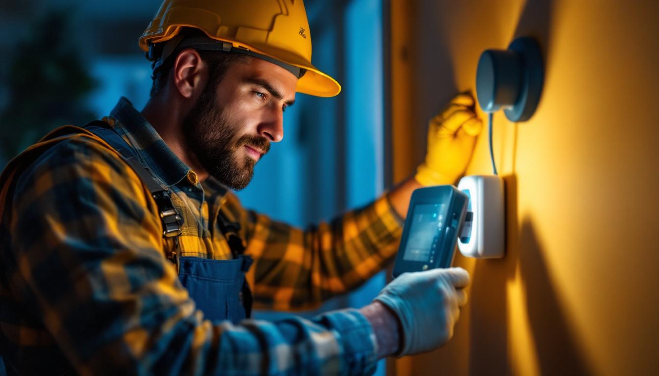 A photograph of a lighting contractor installing an automatic timer for lights in a residential setting