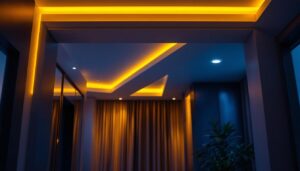 A photograph of a beautifully lit room showcasing recessed can lights with stylish trim