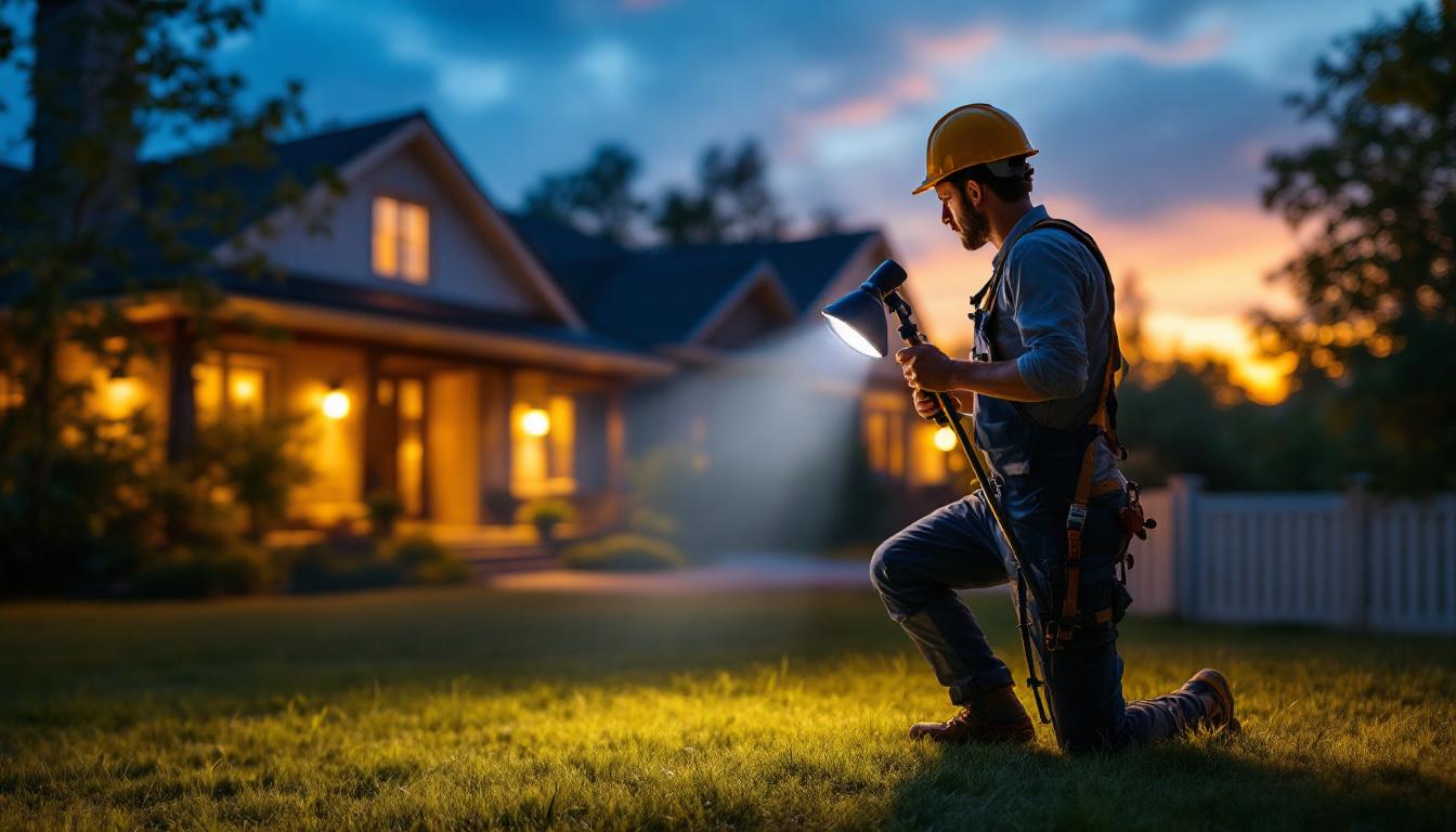 A photograph of a lighting contractor expertly installing dusk till dawn flood lights in a residential outdoor setting