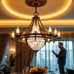 A photograph of a beautifully designed hanging ceiling fixture in an elegant setting