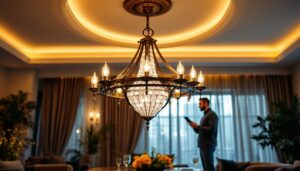 A photograph of a beautifully designed hanging ceiling fixture in an elegant setting