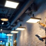 A photograph of a lighting contractor installing sleek square led fixtures in a modern commercial space