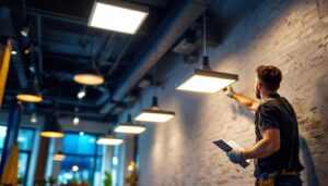 A photograph of a lighting contractor installing sleek square led fixtures in a modern commercial space