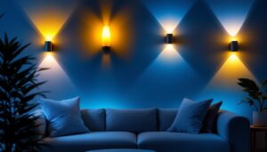 A photograph of a stylishly lit interior room showcasing various wall light designs in use
