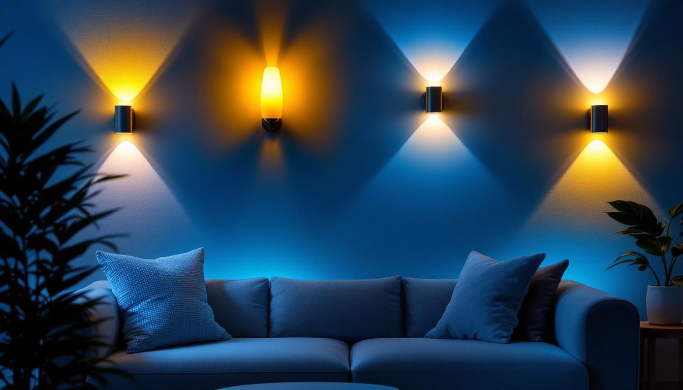 A photograph of a stylishly lit interior room showcasing various wall light designs in use