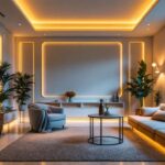 A photograph of a beautifully designed room featuring elegant cove lighting that highlights the architectural details