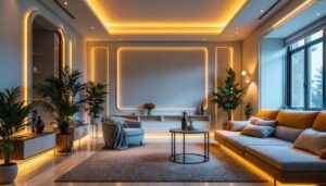 A photograph of a beautifully designed room featuring elegant cove lighting that highlights the architectural details