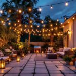 A photograph of a beautifully illuminated outdoor patio at dusk
