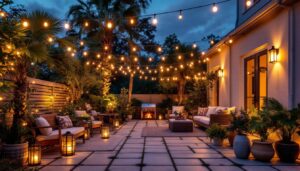 A photograph of a beautifully illuminated outdoor patio at dusk