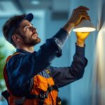 A photograph of a lighting contractor expertly installing or adjusting a modern lighting fixture in a beautifully lit space