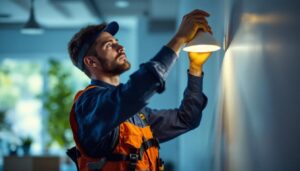 A photograph of a lighting contractor expertly installing or adjusting a modern lighting fixture in a beautifully lit space