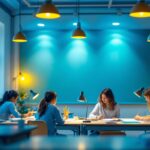 A photograph of a well-lit classroom setting featuring various types of lamps and lighting fixtures