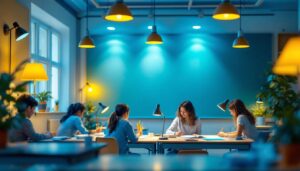 A photograph of a well-lit classroom setting featuring various types of lamps and lighting fixtures