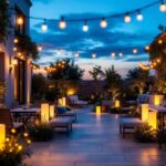 A photograph of a beautifully illuminated outdoor space featuring various luminaire lighting fixtures