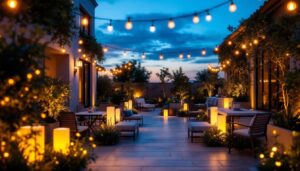 A photograph of a beautifully illuminated outdoor space featuring various luminaire lighting fixtures