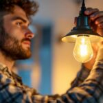 A photograph of a lighting contractor expertly installing a 40 watt type g bulb in a stylish fixture