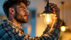 A photograph of a lighting contractor expertly installing a 40 watt type g bulb in a stylish fixture