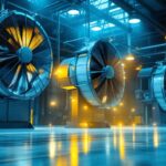 A photograph of a bustling commercial space where large industrial fans are prominently installed