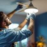 A photograph of a skilled lighting contractor expertly installing a stylish ceiling fan with an integrated light fixture in a modern living space