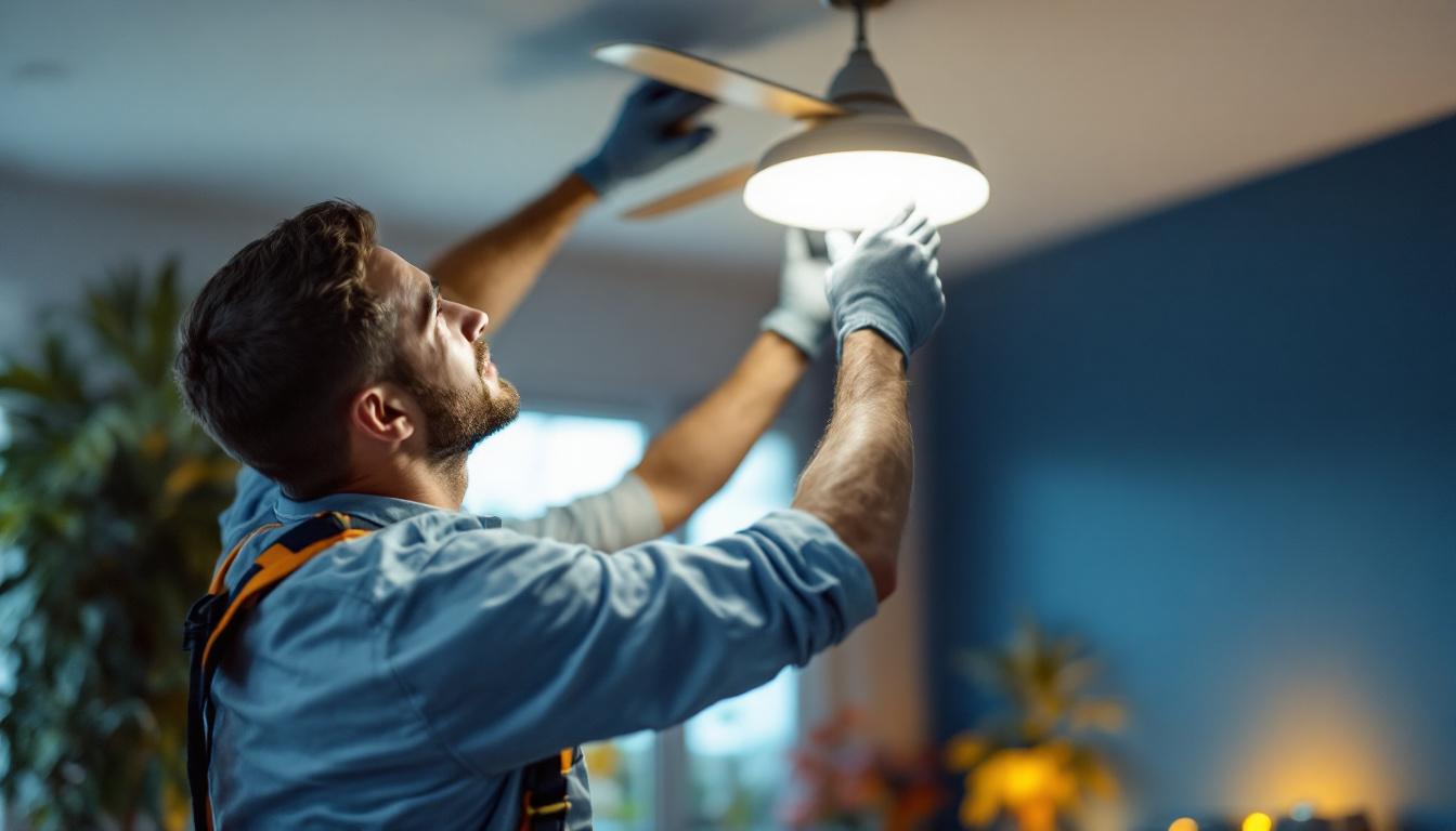 A photograph of a skilled lighting contractor expertly installing a stylish ceiling fan with an integrated light fixture in a modern living space